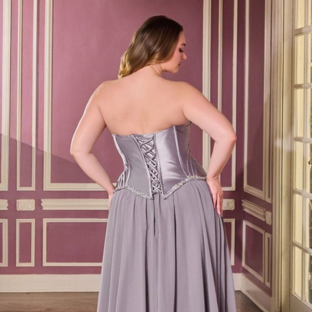 New Dark Silver Rhinestones Embellished Plus Size Gown w/ Corset Bodice CD668C - Picture 7 of 9